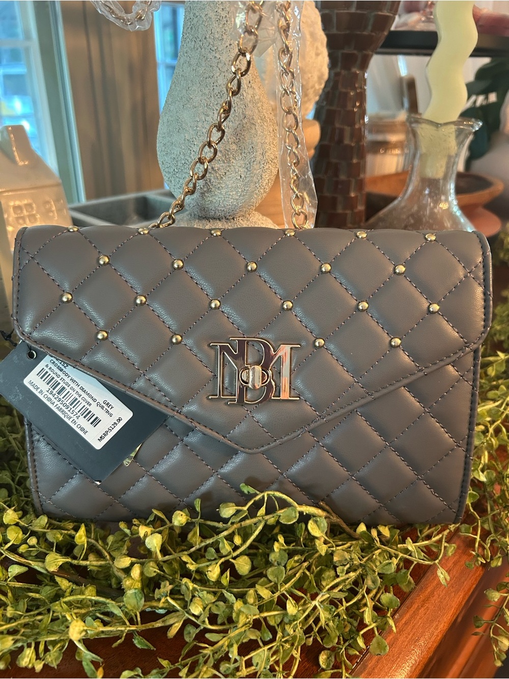 Badgley Mischka Quilted Chain Shoulder Bag in Gray with Metal Logo